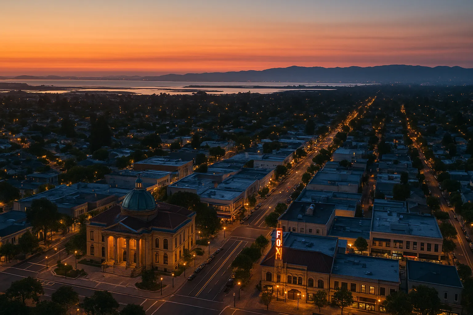 Aerial evening view of Redwood City showcasing the illuminated dome of the San Mateo County History Museum and the neon “FOXI” of the Fox Theatre in the midground, grid of downtown streets lit by lamps, and the bay and distant mountains under a warm sunset sky.